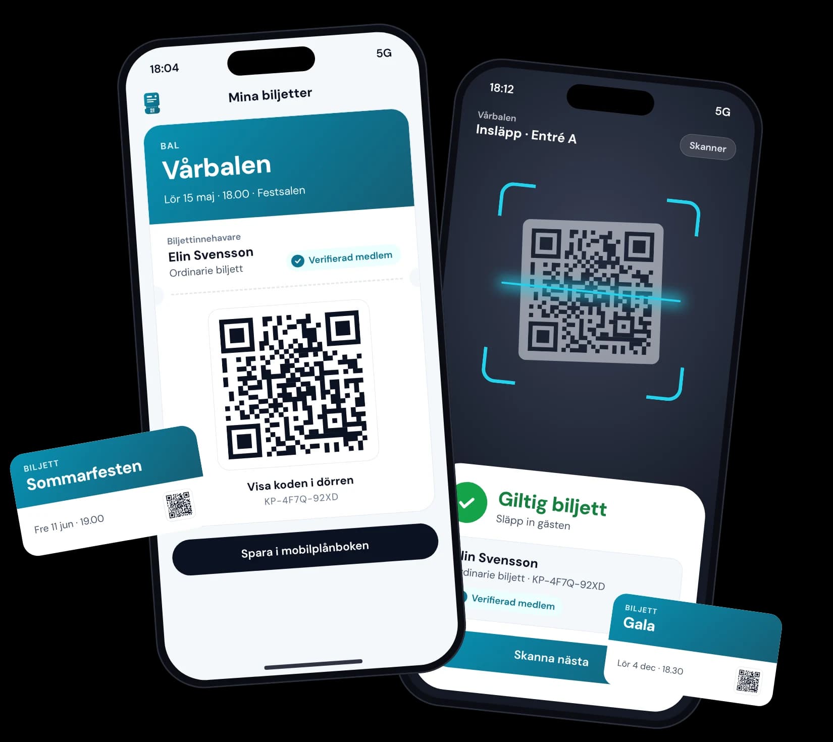 Kårpass i mobilen: en biljett med QR-kod och en skanner som visar Giltig biljett