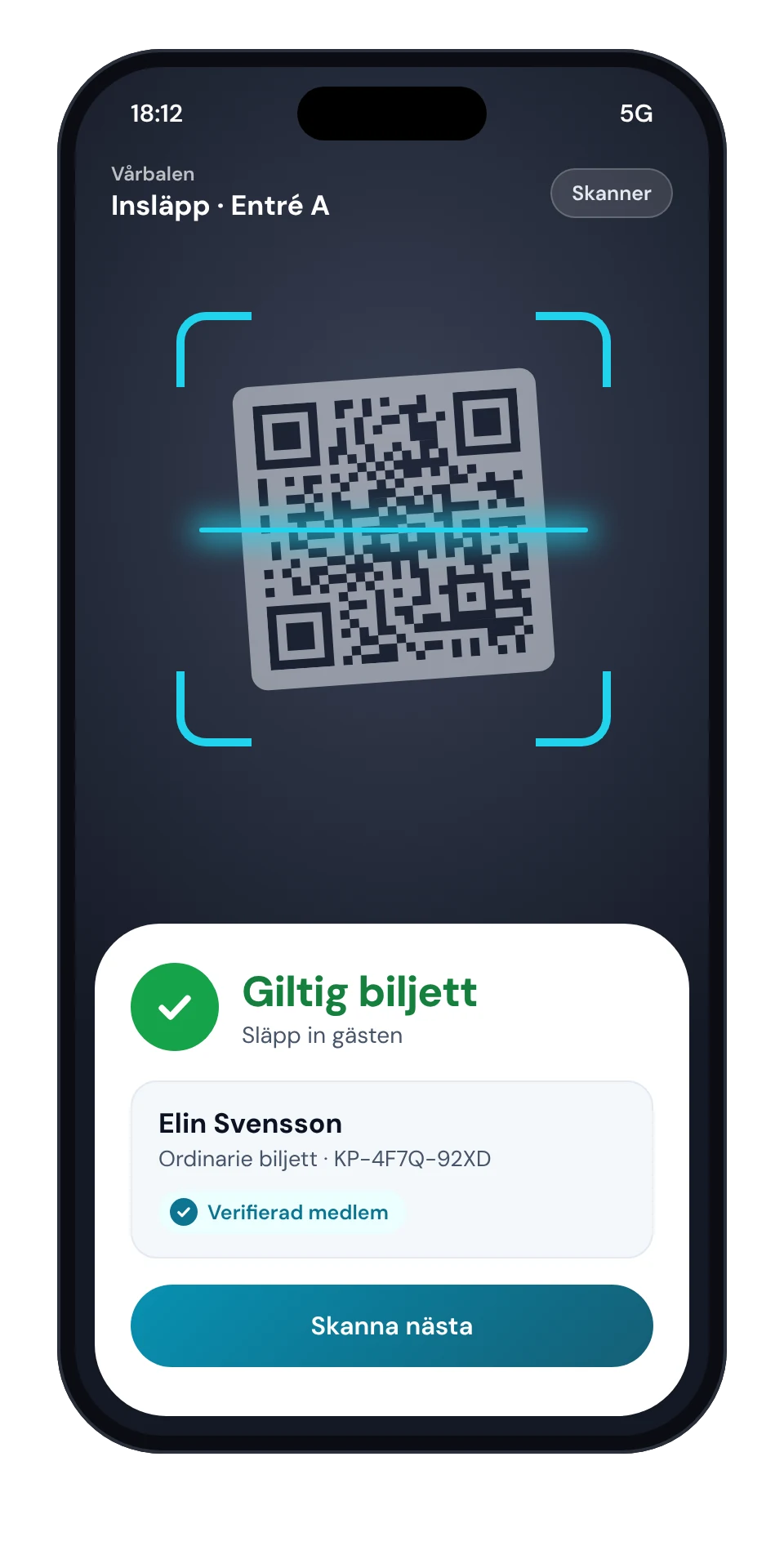 Skanner i mobilen som visar Giltig biljett